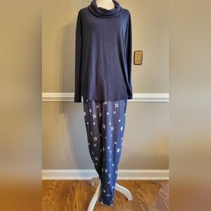 Cozy Navy Pajama Lounge Set L Cowl Neck Stop Star Pattern Leggings